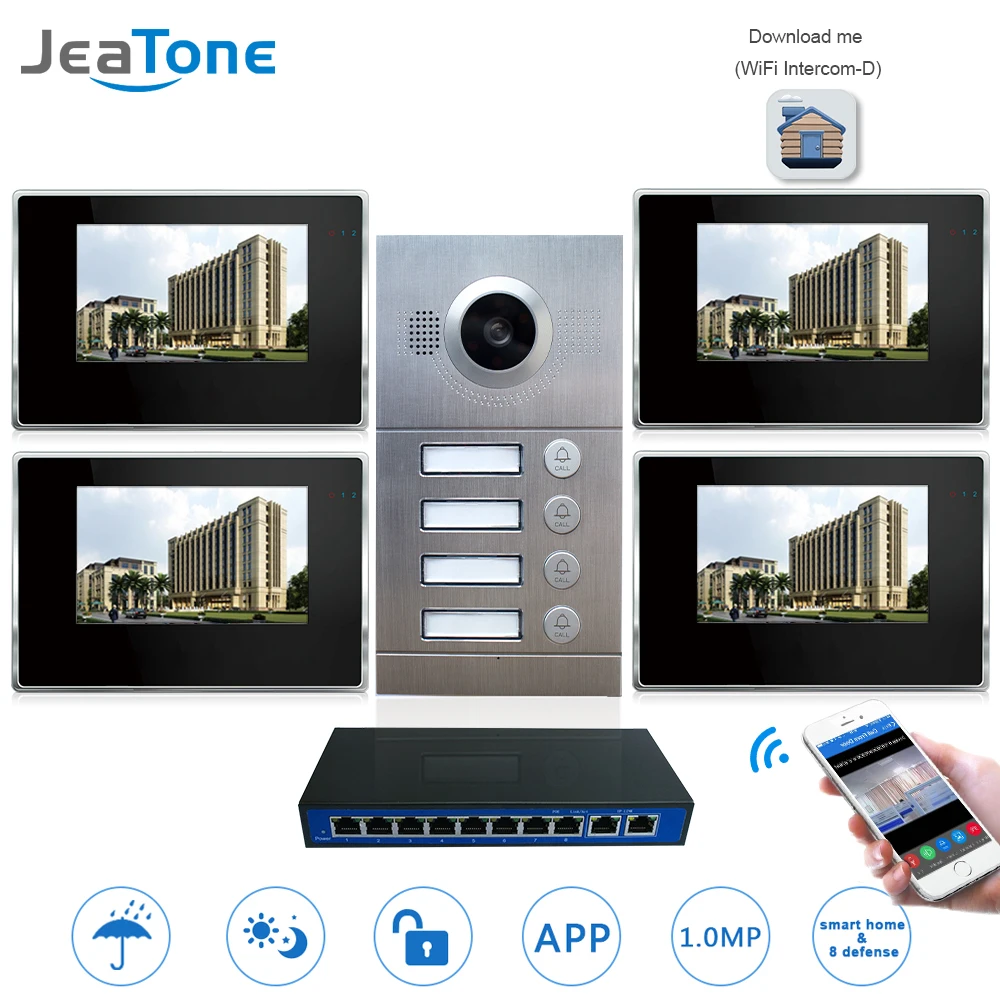 IP Door Phone WIFI Video Intercom Video Doorbell 7'' Touch Screen for 4 Separate Apartments/8 Zone Alarm Support Smart Phone iOS IP Door Phone WIFI Video Intercom Video Doorbell 7'' Touch Screen for 4 Separate Apartments/8 Zone Alarm Support Smart Phone iOS