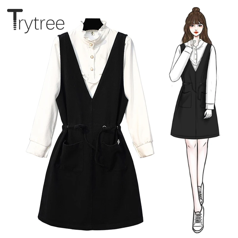 

Trytree Autumn Women two piece set Solid Casual Polyester Ruffles Tops + Dresses Pockets Drawstring Office Lady Suit 2 Piece Set