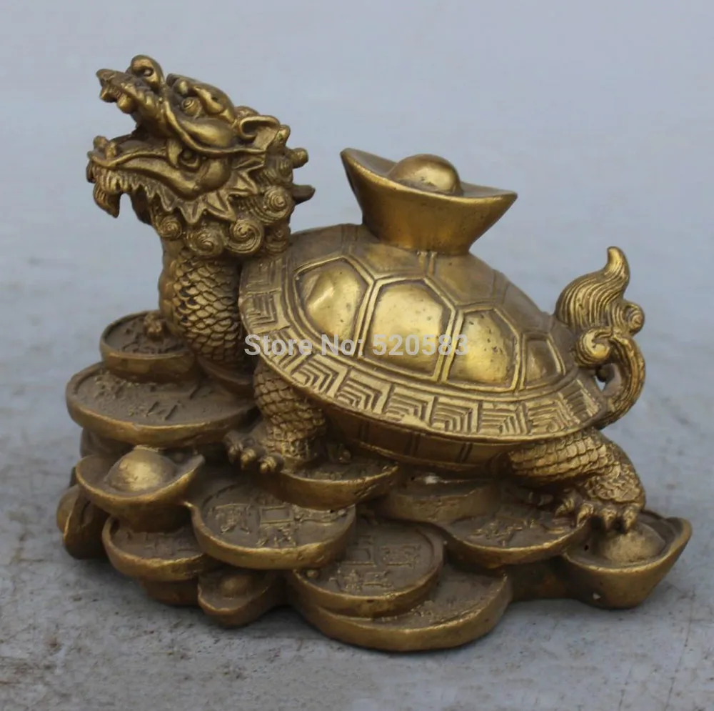 

free 5"Chinese Bronze Brass Wealth Money YuanBao Animal Dragon tortoise Turtle Statue fast