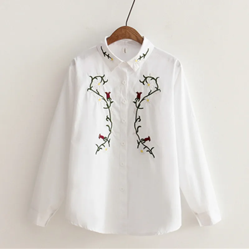 Women Embroidery White Blouse Shirt Casual 2018 Autumn