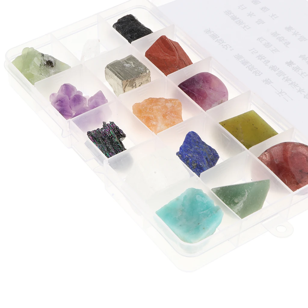 15pcs/ Box Educational Geology Science Kit Rock and Mineral Collection Gemstones Quartz / Jade Tektite Specimens in Display Case