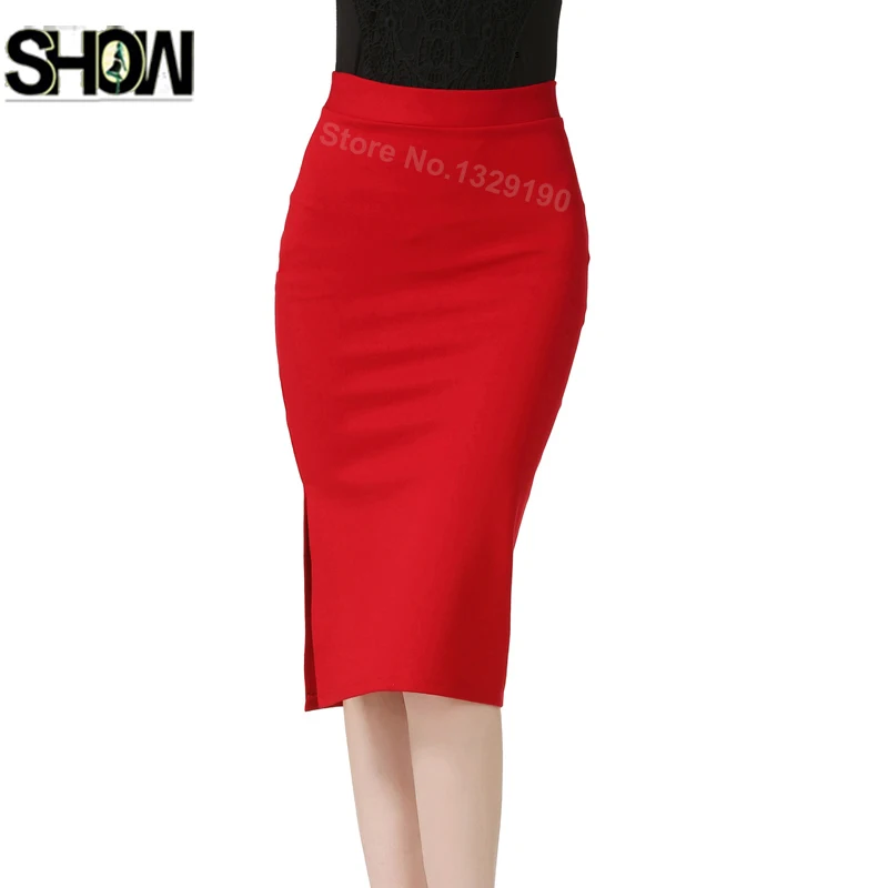 Women's Midi Pencil Skirt Sheath High Waisted Button Split Bodycon Office Skirts