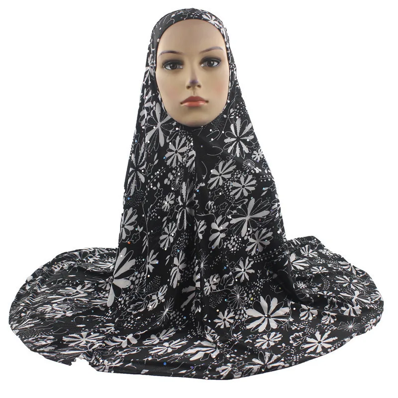 Мусульманский хиджаб, исламский шарф, Амира, шапка, цветочный узор, с бриллиантами, ледяной шелк, длинный хиджаб для женщин