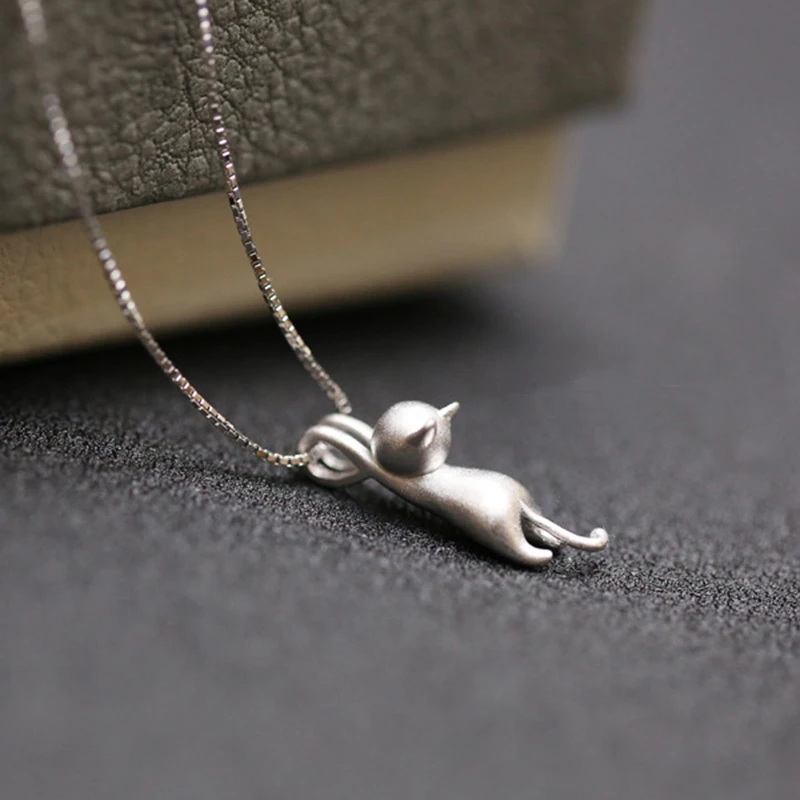100 925 Sterling Silver 3D Cat Hanging Pendants Necklaces For Women