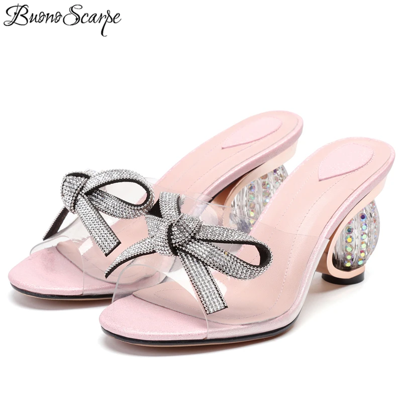 

2019 New Rhinestone Heel Slipper Sandals Crystal Butterfly-Knot Summer Sandals Strange Bling Bling Heel Pumps Shoes Women Slides