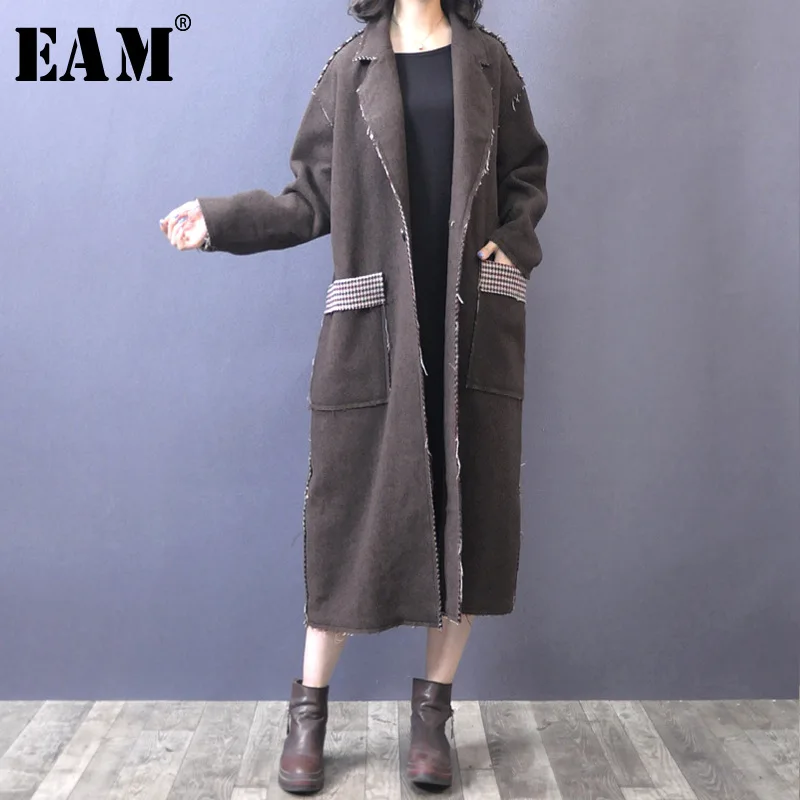 Épissage eam Lâche Printemps Solide Col Femme Le077 Bouton Manteau Unique Manches 2019 Longue Longues Green Turn Couleur Poches blue down rrZq0f