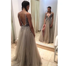 Sexy Con Cuentas cuello en V Profundo Backless Beach Party Prom Vestidos 2017 Mujeres Gris Tulle Delantero de Hendidura Larga Vestidos Embarazadas SH010