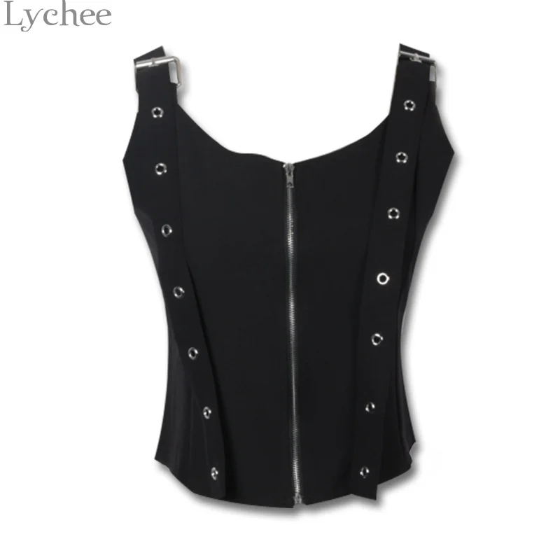 

Lychee Sexy Hollow Out Zipper Summer Women Tank Top Sleeveless Punk Tank Tops Metal Button Causal Tops Female