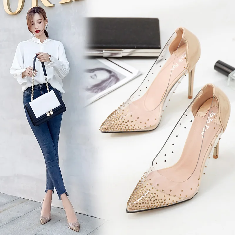 Koovan Women's Pumps High Heel Summer Shoes 2019 Transparent Rhinestone Pointed Shallow Single Shoe Coloring Women's Shoes
