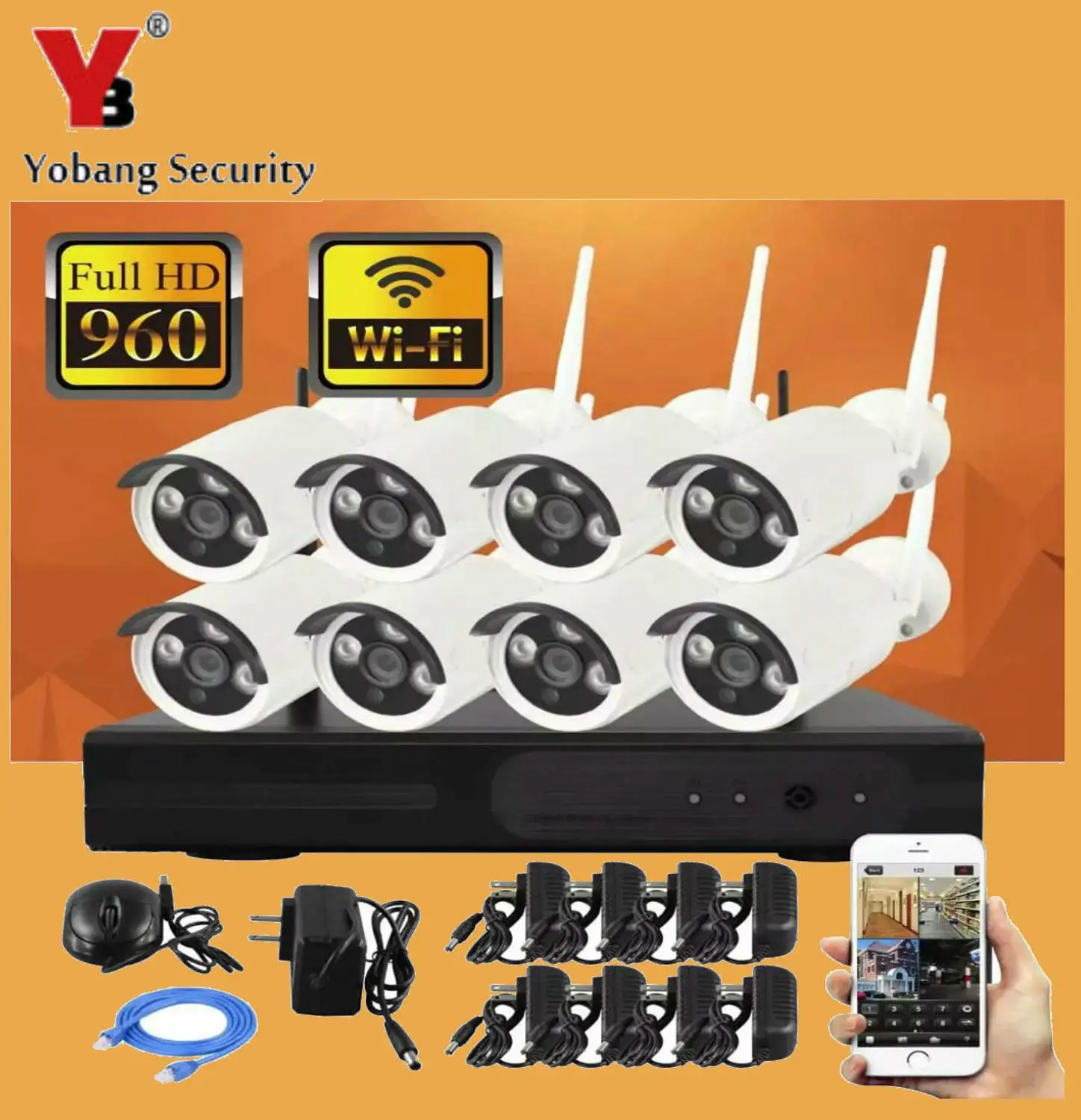 Yobang Беспроводная система видеонаблюдения 8CH wifi NVR комплект+ 960P 1.3MP наружная Водонепроницаемая wifi видео ip-камера - Цвет: NVR8002