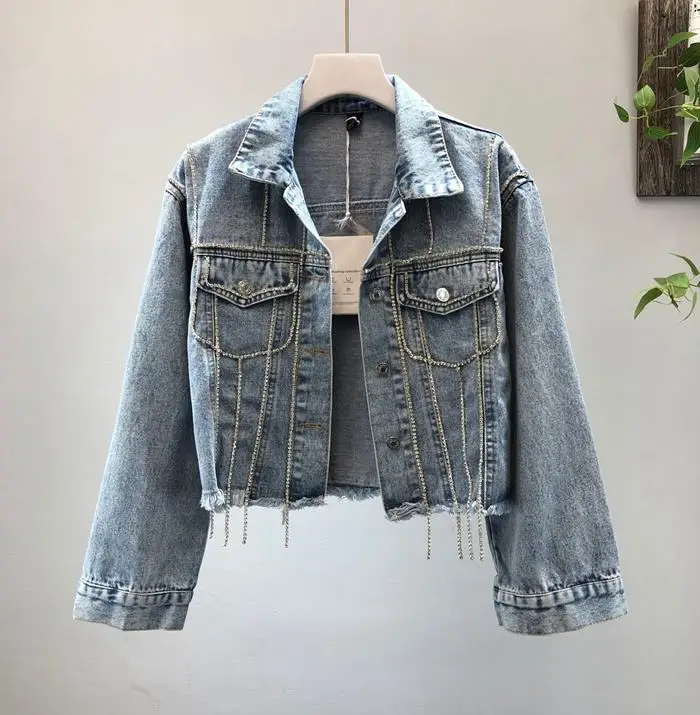 

2019 new fashion heavy chain tassel rhinestone water wash short denim jacket coat women Slim jacket 1989