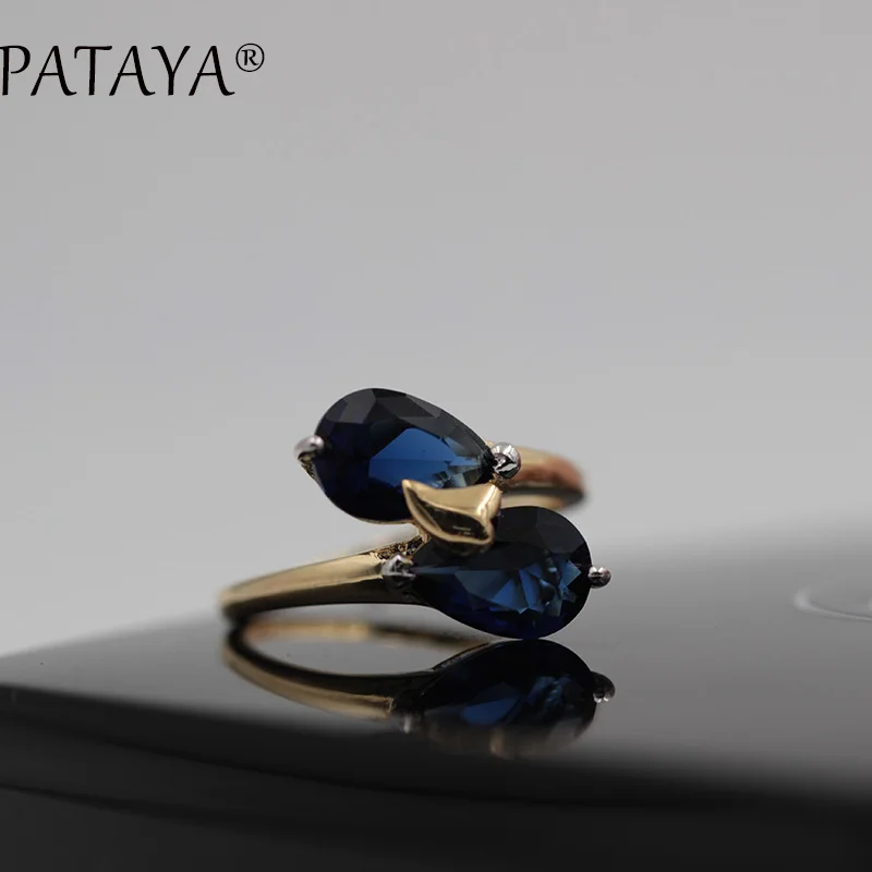 PATAYA, Новое поступление, фирменные кольца, 585, розовое золото, кольцо, темно-синий цвет, двойная Капля воды, натуральное женское кольцо с цирконом, Трендовое свадебное ювелирное изделие - Цвет основного камня: sapphire