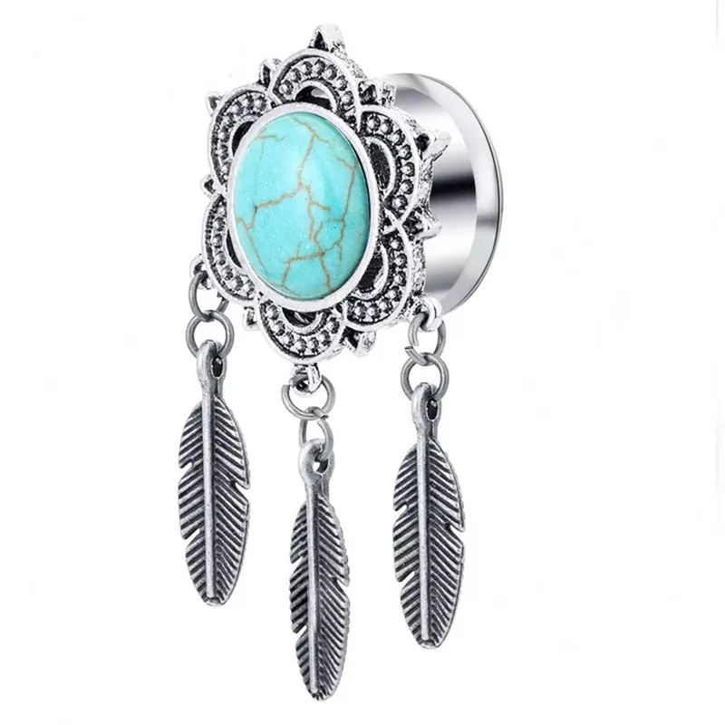 

2PCS Stainless Steel Retro Leaves Ear Plugs Tunnels Flesh Expansions Piercing Natural stone Earring Gauges Sexy Body Jewelry