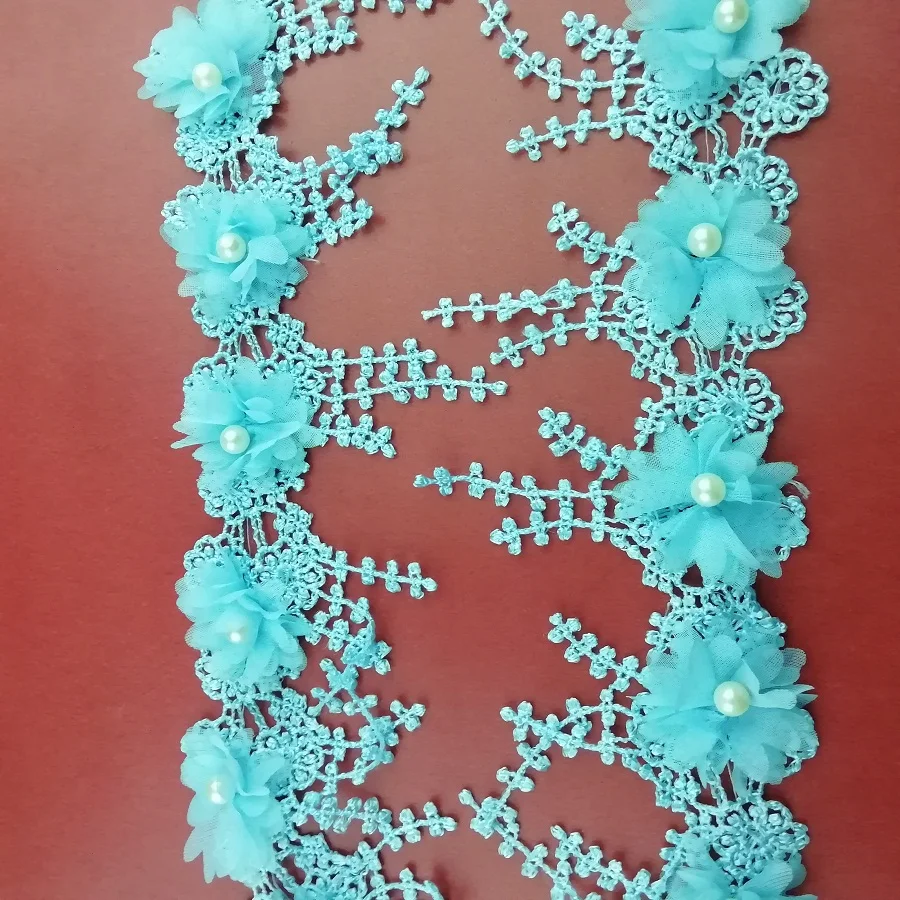 1 Yard Sky Blue Tassel Flowers Pearl Lace Edge Trimmings Ribbons Beaded Fabric Embroidered Sewing Wedding Dress Clothes | Дом и сад