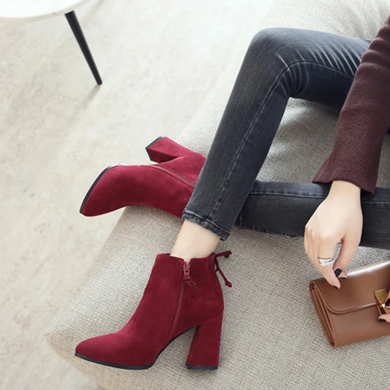 

Hot Sale Brand Genuine Cow Suede Leather Women Ankle Boots Female Pointed Toe Winter Shoes Women Boots 31 42