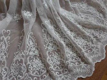 

White embroidered tulle lace fabric, wave edging design trim, wedding bridal gown fabric