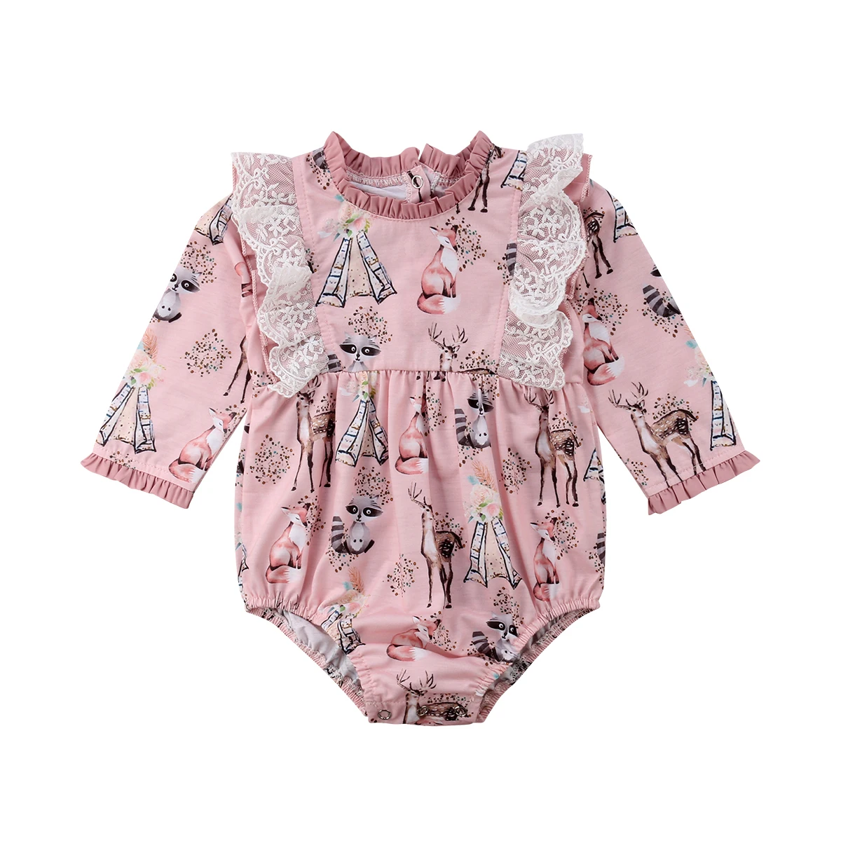 Pudcoco Lace Newborn Baby Girls Floral Animal Print Bodysuits Deer