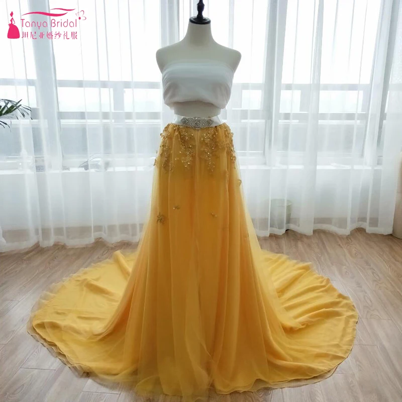 

Gold And White Charming Wedding Dresses 2018 Two Peices Luxury Bridal Wedding Gowns African Dubai Fashion Special Gowns ZW034
