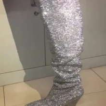 Женские сапоги до колена с украшением в виде кристаллов; пикантные сапоги на КОНУСНОМ каблуке; женские сапоги без застежки со стразами; зимняя обувь для подиума