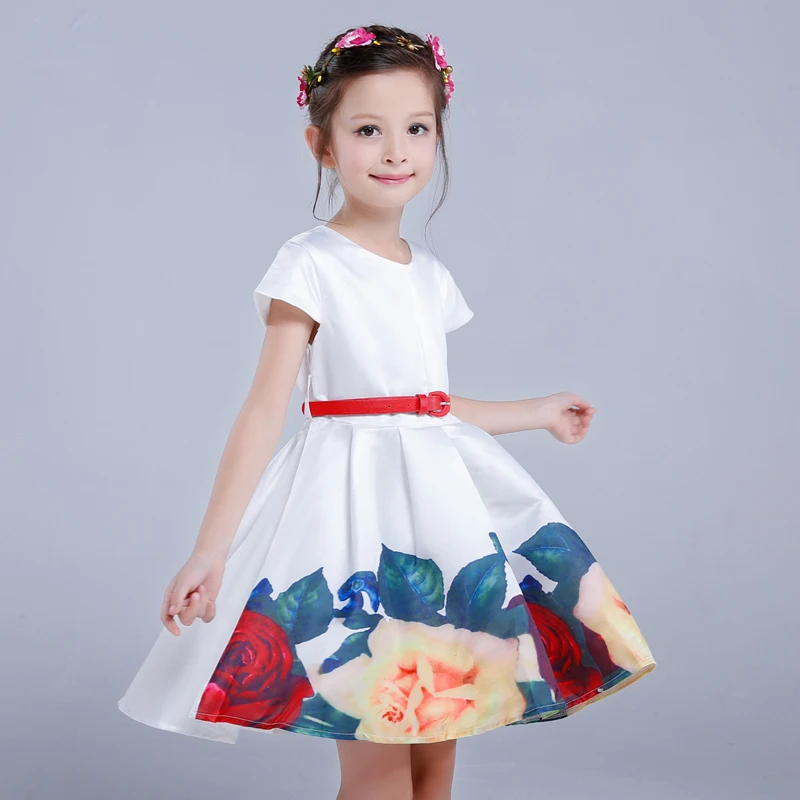 

Belababy Princess Girls Floral Dresses 2016 Summer Children Rose Flower Print Waistband Vestidos Kids Party Dresses For Girls