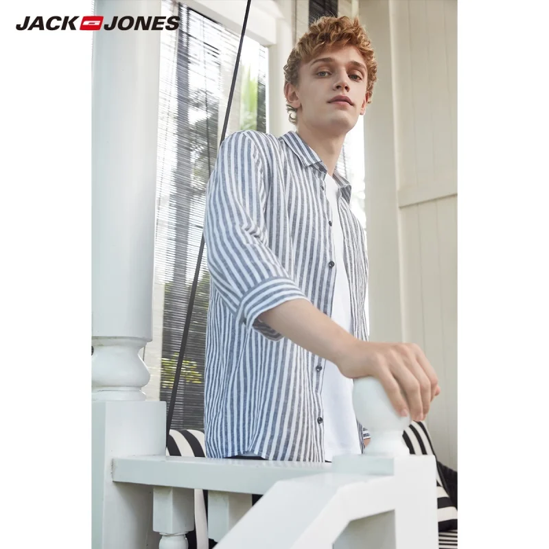 JackJones Мужская рубашка в полоску из хлопка с принтом E | 219231501