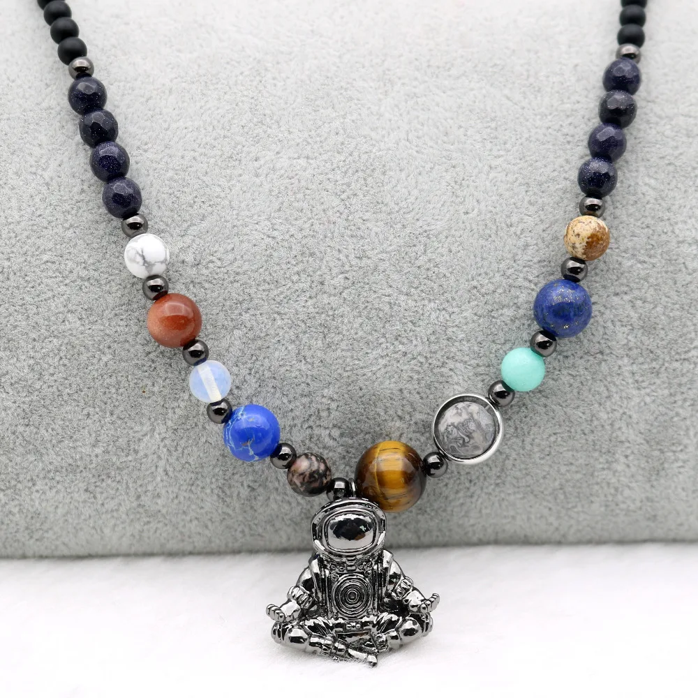 

Spaceman Pendant 9 Planets Beaded Women Necklace Solar System Blue Sand Stones Astronaut Necklace Universe Rocky Party Jewelry