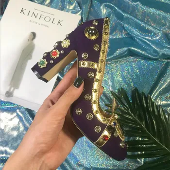 

Luxury Brand Colorful Gemstone Women's High Heel Party Shoes New Brand Designer Fashion Shoes Runway Royal Style Jewelry Pump