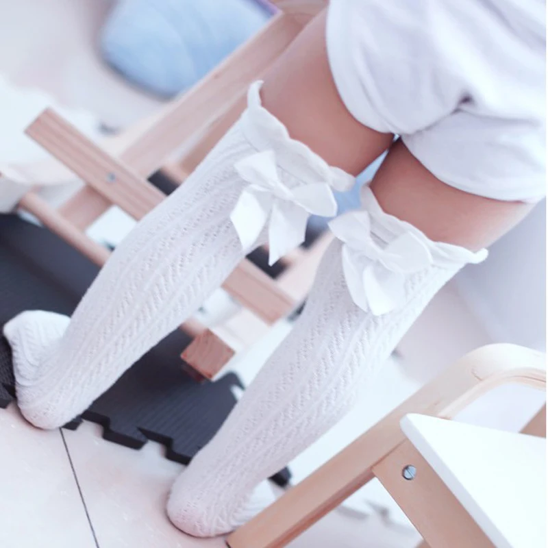 En venta Calcetines hasta la rodilla para niñas de 1 a 6 años, calentadores de piernas de princesa, lazo de encaje, algodón, sólido, tubo largo MR5mG9Jb