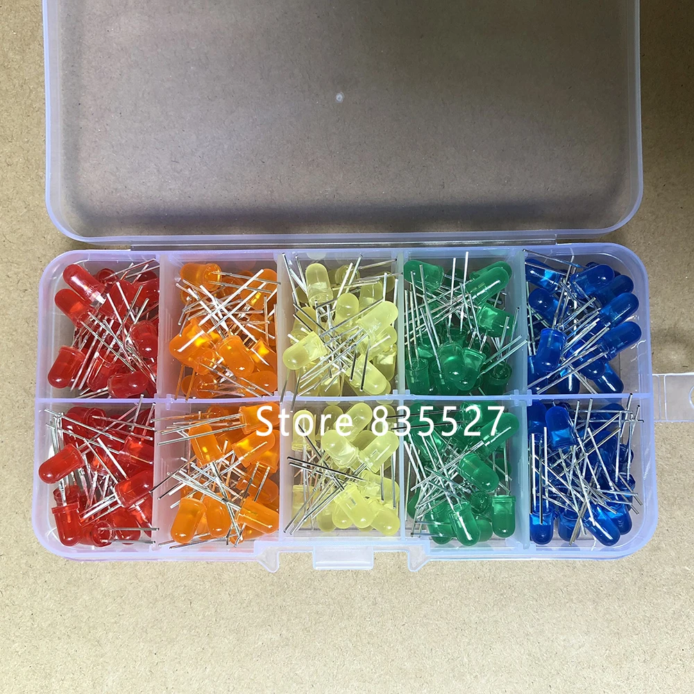 

200pcs/box 5MM F5 Green / Orange / Red / Blue / Yellow 5 Colors Kit Mixed Sets LED light emitting diode DIP in the color LEDS