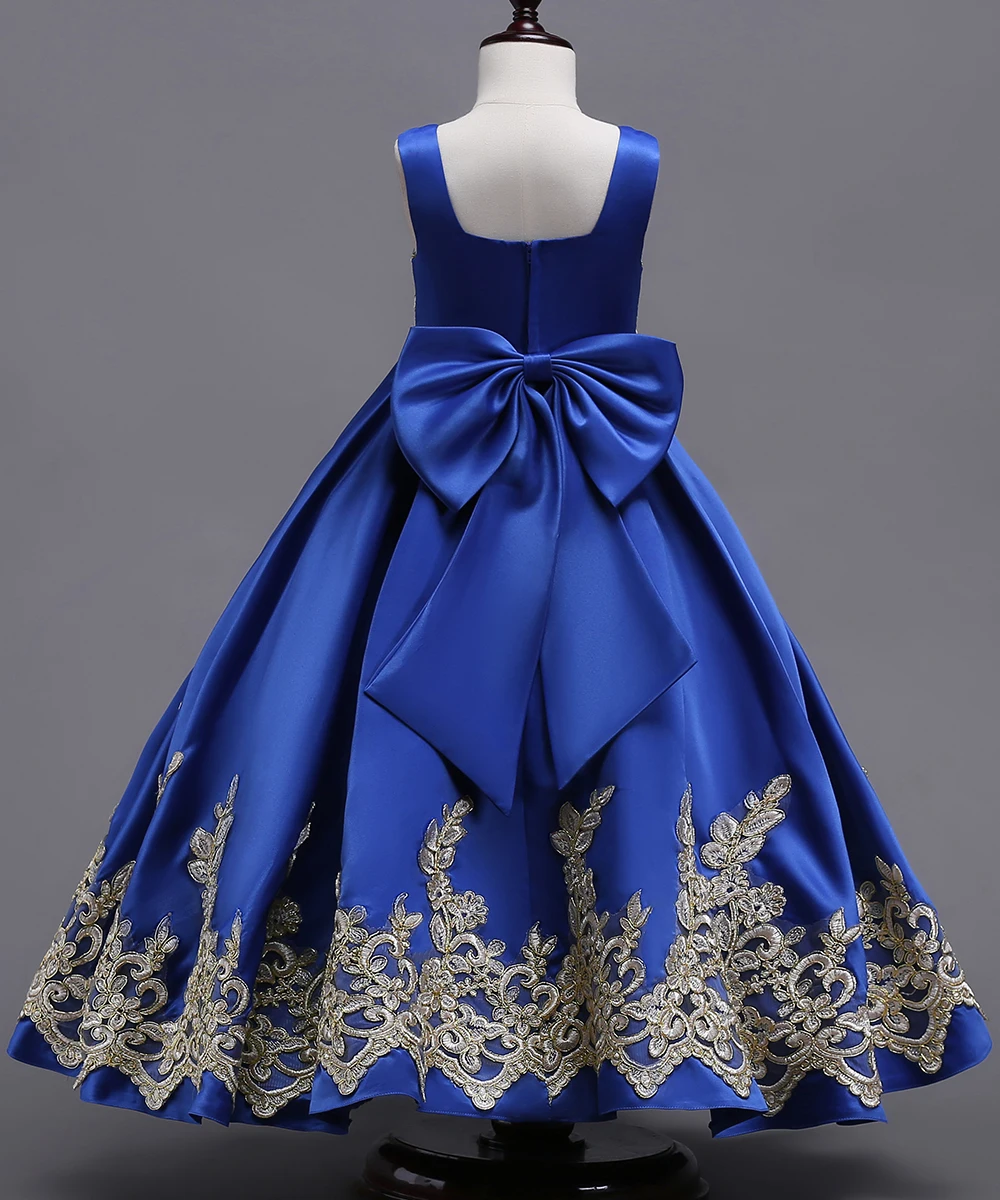 Real até o Chão Vestidos da Menina Vestidos de Festa Princesa Azul Flor Ouro Applique Meninas Pageant Vestido Primeira Comunhão 7 Cheap Vestidos floridos para meninas