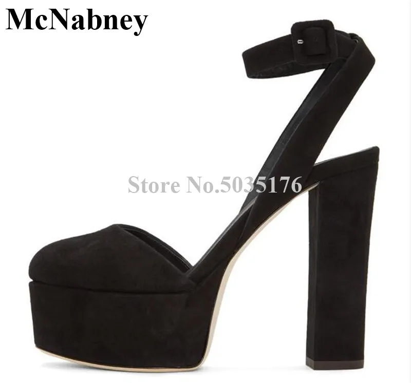 

2019 European Fashion New Solid Round Toe High Platform Pumps Ankle Strap Buckle High Heel Hoof Heel Pumps Dress Women Shoes