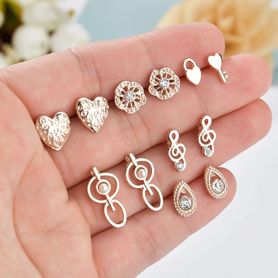 

New Rose Gold Color Hearts Round Water Drop Snow Flowers Five Stars Animal Plant Bows Geometric Crystal Stud Earrings Set Women