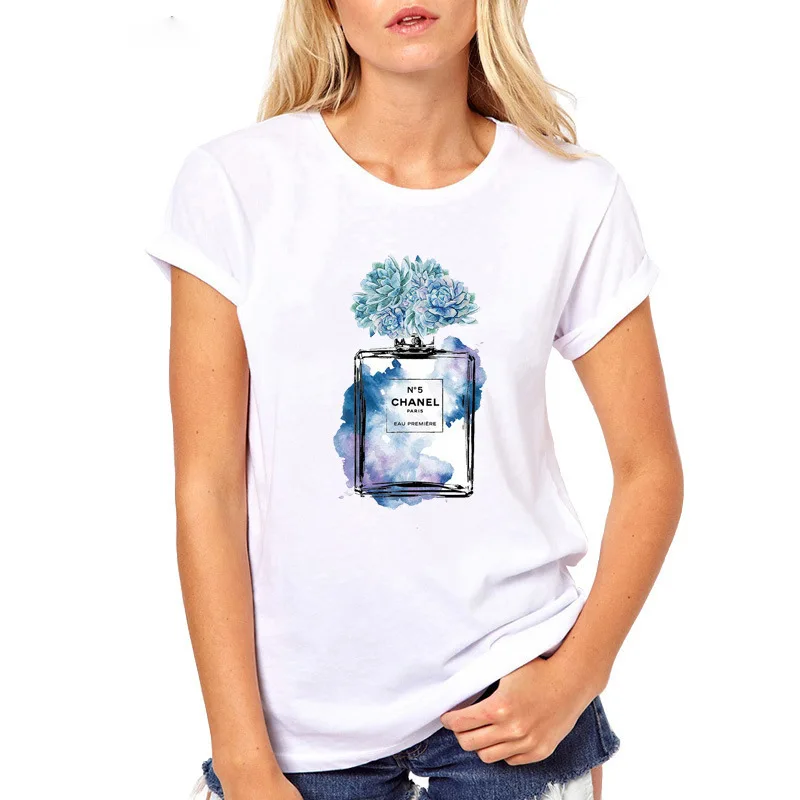 

Women T-shirt Flower Perfume Print T-shirt Casual Female Cotton Short Sleeves Top White T-shirt Large Size