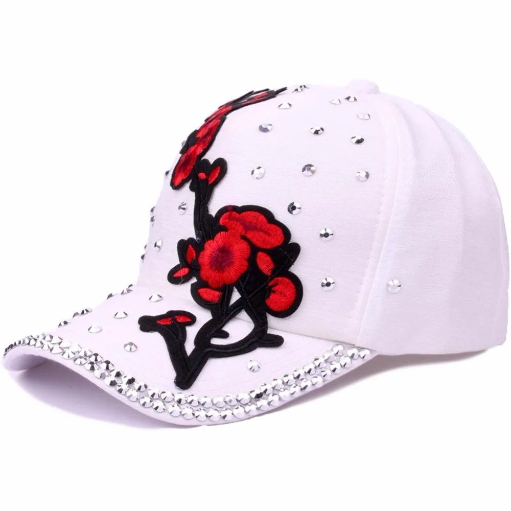 Fashion Embroidery Plum Blossom Flower With Rhinestone Summer Breathable Mesh Baseball Cap Women