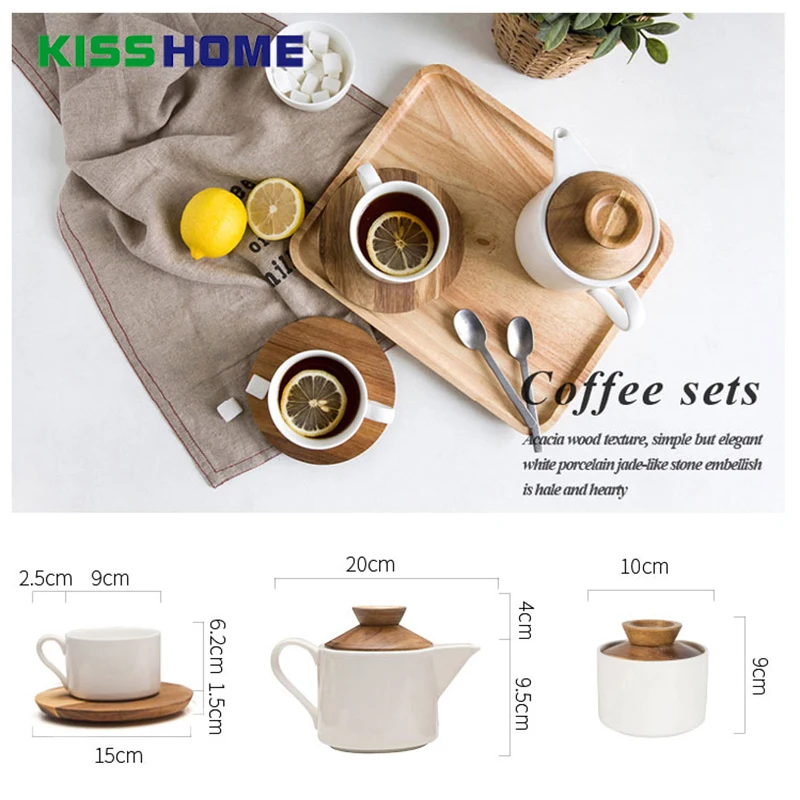 

Coffee Cup Teapot Sugar Jar European Large Capacity Ceramic Wooden Cover/Tray Coffee Sets Afternoon Tea Household Accessories