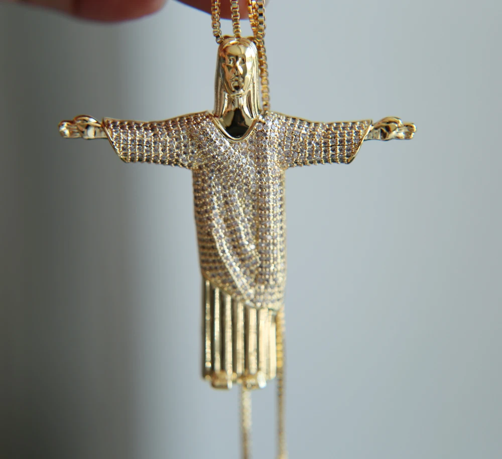 

Stone Chrysocolla Kolye Color Hip Hop Bling Iced Out Mens Chain Cristo Redentor Rio Brazil Christ The Redeemer Statue Necklace