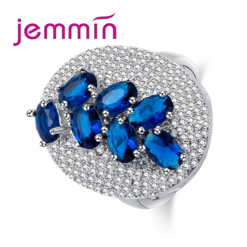 

Jemmin Oval Blue Crystal Full CZ S90 Silver Color Wedding Ring Elegant Generous Round Geometric Ornaments Women Jewelry