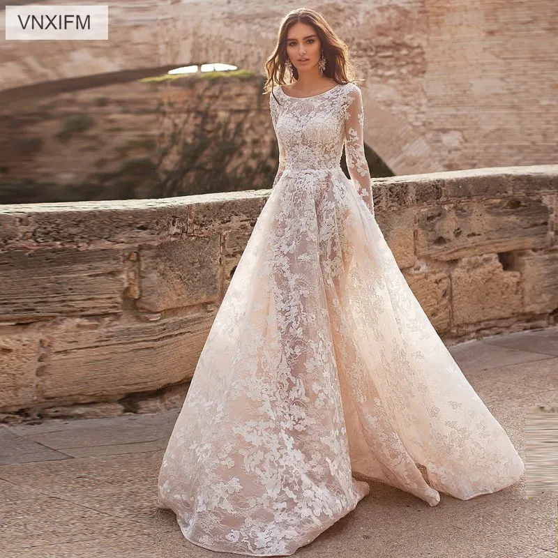

2019 VNXIFM Long Wedding Dress O-Neck Long Sleeves Court Train Appliques Tulle Wedding Gowns Vestido de noiva De Mariage