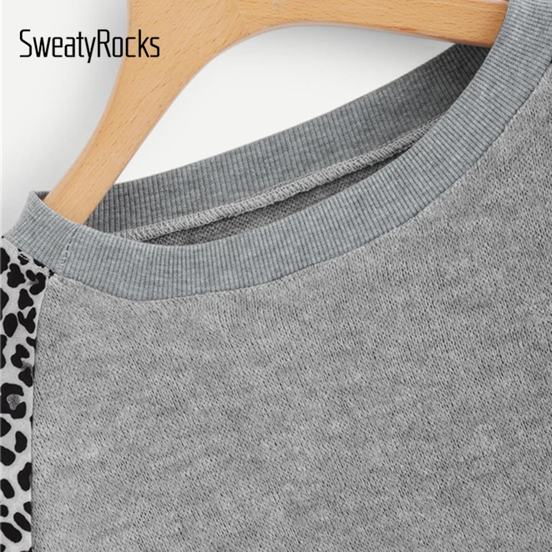 SweatyRocks رمادي ليوبارد طباعة بلوزة كاجوال البلوز المرأة قمم 2018 الخريف طويلة الأكمام أنيقة الإناث مكتب بلوزات