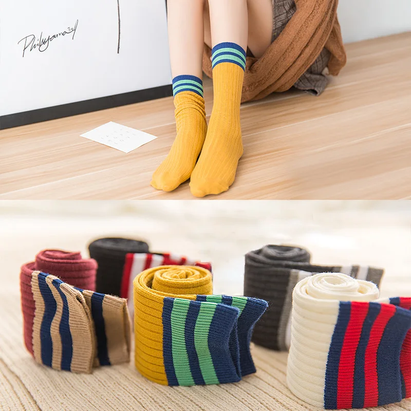 

Pile Cotton High Socks Harajuku Striped Long Fashion Skateboard Hiphop Retro Female Autumn Winter New Wild College Solid Socks