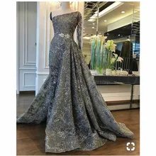 Новое прибытие Иллюзия одно плечо кружева с длинным рукавом Чистой Русалка Вечерние платья с верхней юбкой