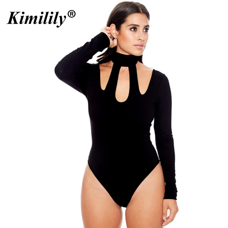 Womens Halter Neck Bodysuit Sexy Skinny Long Sleeve &amp Hollow Out Jumpsuits Rompers Fashion Ladies Solid Color Bodysuits | Женская