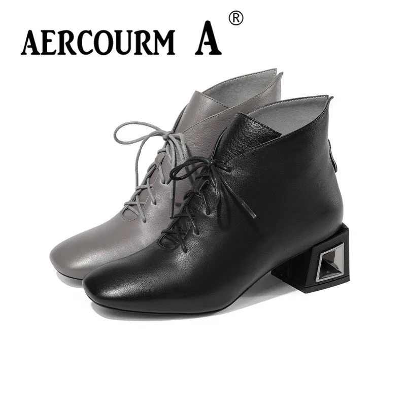 Beste Aercourm EEN 2019 Winter Vrouwen Midden Hak Enkellaars Zwart Grijs Schoenen Korte Pluche Laarzen Kant Effen Kleur Laarzen Grote maat 34 43