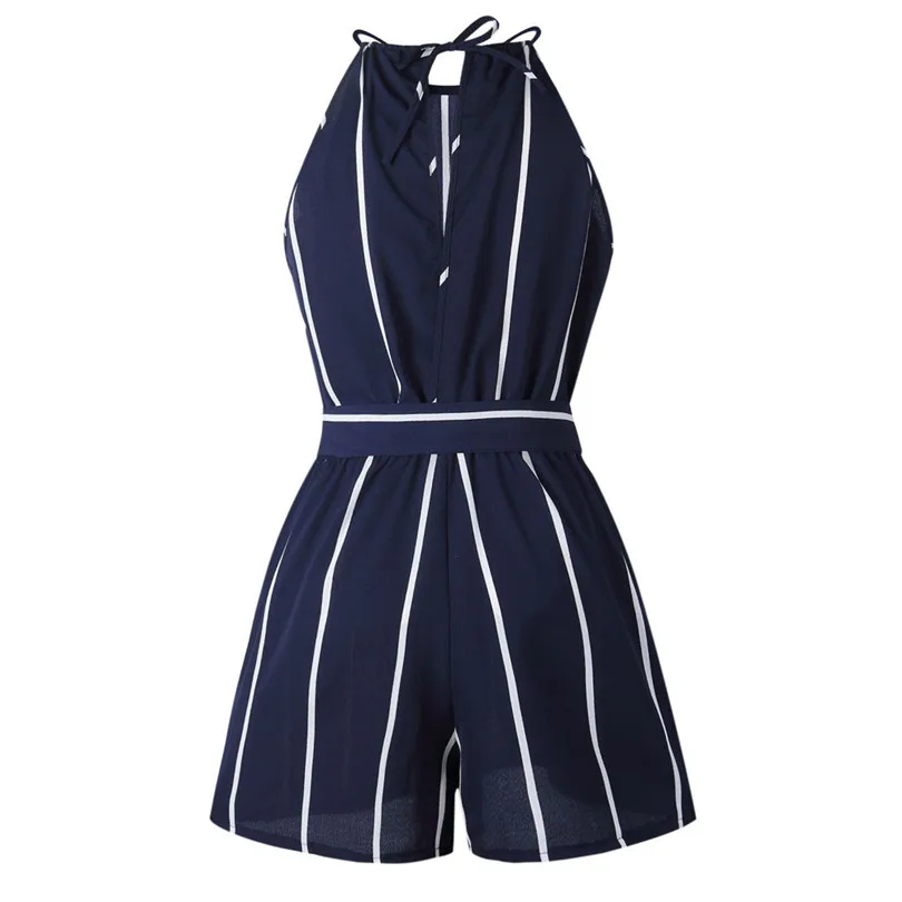 New Women Round Neck Sexy Sleeveless Casual Daily Holiday Short Stripe Printing Off Shoulder Sleeveless RompersPlaysuits #4M26 (8)