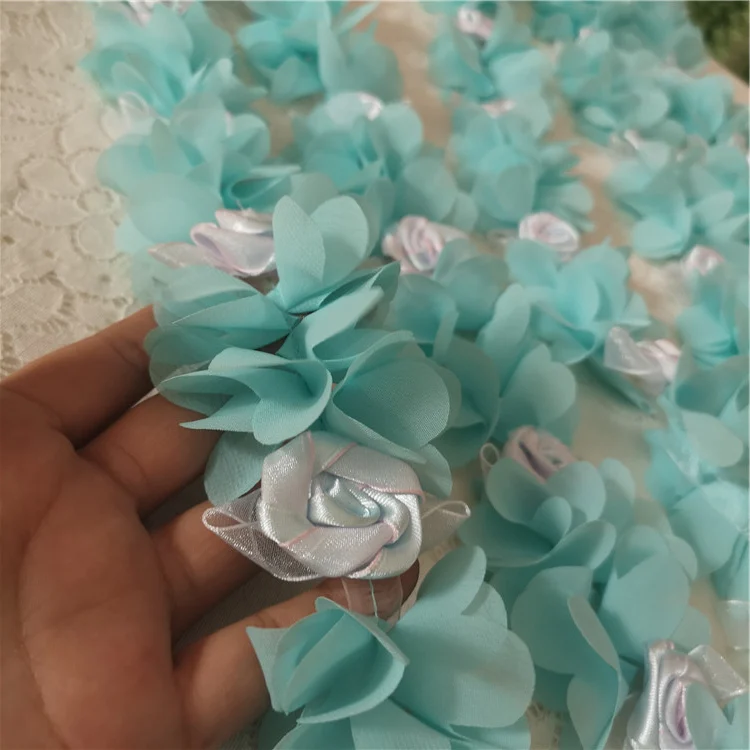 Blue Pearl Chiffon Flower Embroidered Lace Edge Trim Ribbon Floral