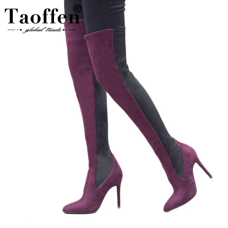 

Taoffen Sexy Women High Heel Boots Mixed Color Over Knee Stretch Boots Thigh High Warm Winter Shoes Women Footwear Size 34-43
