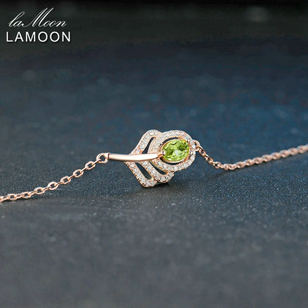 LAMOON Classic Leaf 100% Natural Oval Green Peridot Sterling Silver Jewelry Rose Gold Plated Chain Charm Bracelet S925 LMHI030
