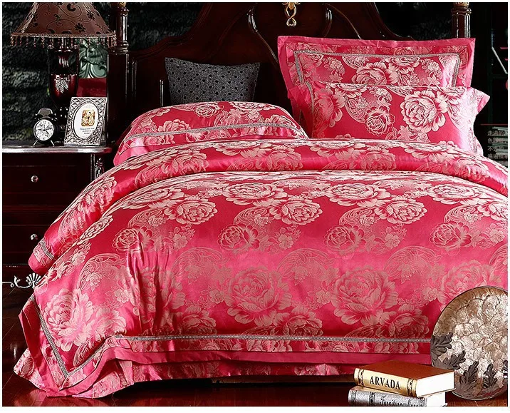Luxury wedding magenta red satin jacquard bedding set king queen size