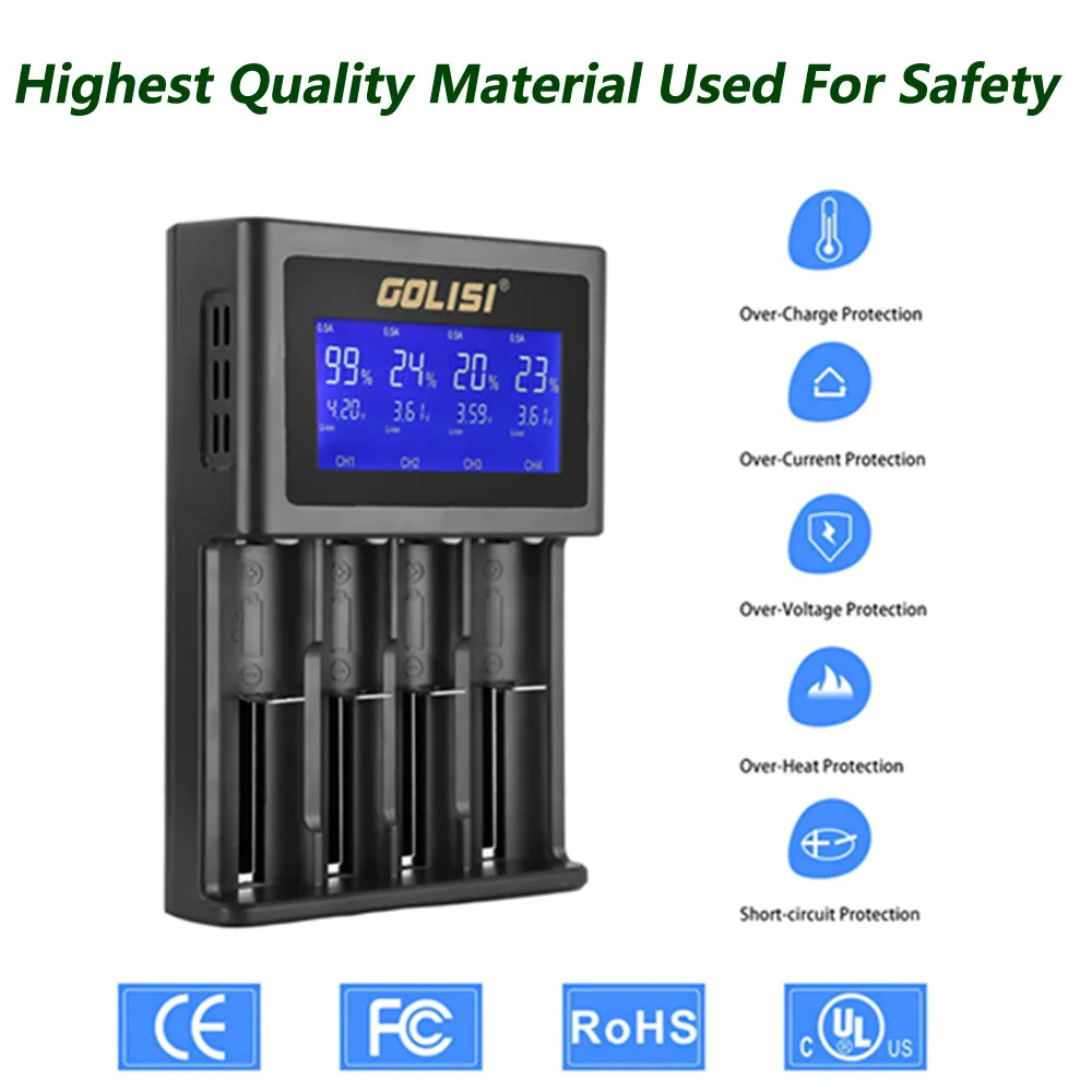 

Golisi S4 LCD Display Smart Battery Charger For Lithium-ion/NI-cd/Ni-MH/AAA/AA 0.5A/1A/2A voltage current temperature