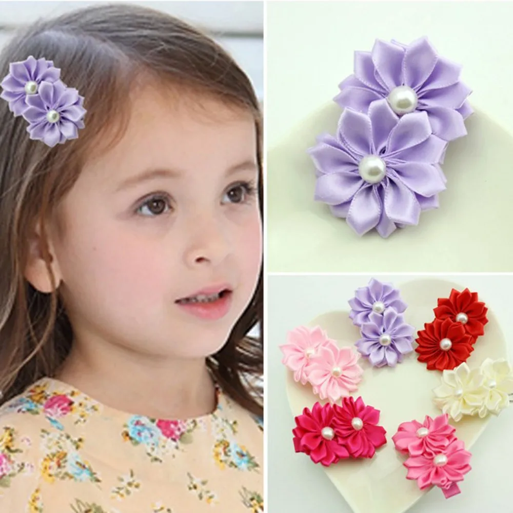 6PCS/Lot Fashion Girls Two Flowers Pearls Hairpins Kids Hair Clip